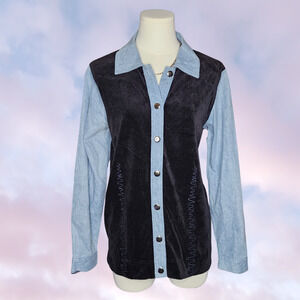 Vtg 90s Onque Casual Black Velvet Denim Button Up Long Sleeve Collared Shirt S